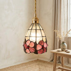 Pink Floral Tiffany-Inspired Pendant Light, Scalloped Bell with Pearl-Look Panels, Handmade - view 10