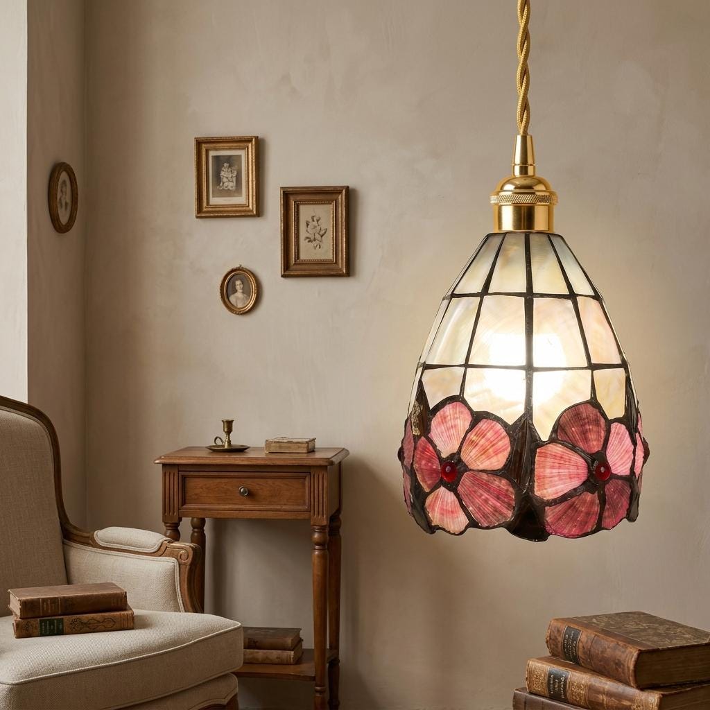 Pink Floral Tiffany-Inspired Pendant Light, Scalloped Bell with Pearl-Look Panels, Handmade - view 8
