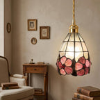 Pink Floral Tiffany-Inspired Pendant Light, Scalloped Bell with Pearl-Look Panels, Handmade - view 8