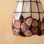 Pink Floral Tiffany-Inspired Pendant Light, Scalloped Bell with Pearl-Look Panels, Handmade - view 3