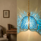Blue Droplet-Pattern Tiffany-Inspired Pendant Light, Scalloped Bell, Handmade - view 8
