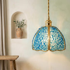 Blue Droplet-Pattern Tiffany-Inspired Pendant Light, Scalloped Bell, Handmade - view 6