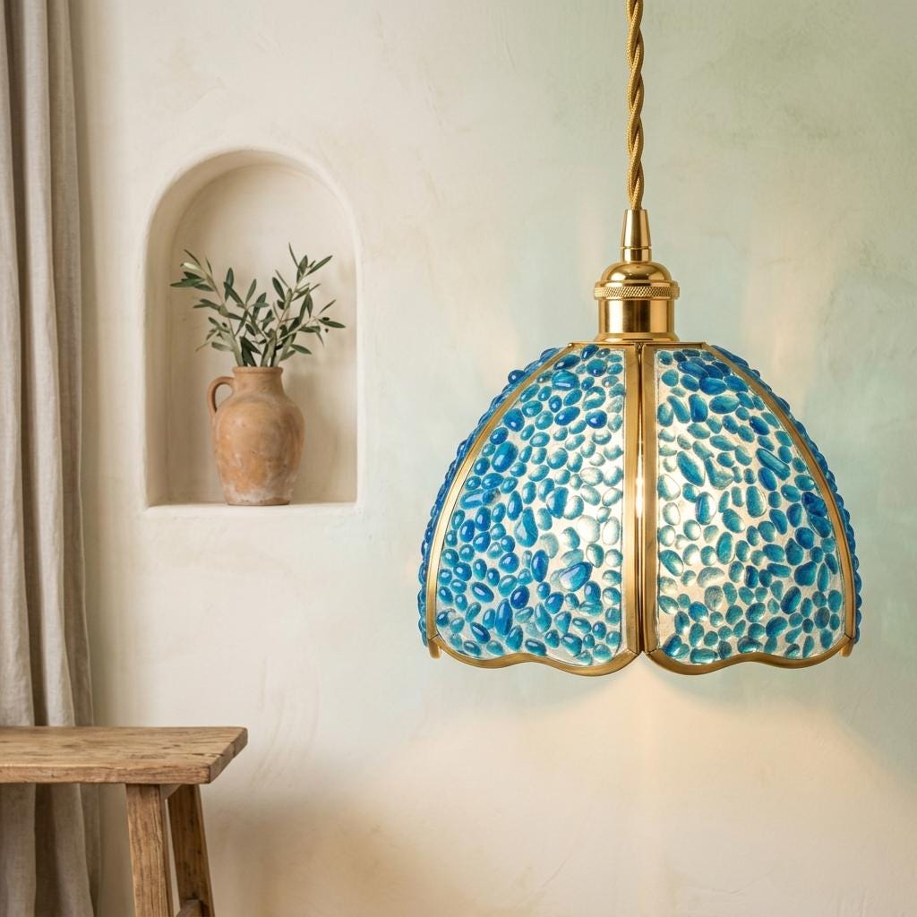 Blue Droplet-Pattern Tiffany-Inspired Pendant Light, Scalloped Bell, Handmade - view 6