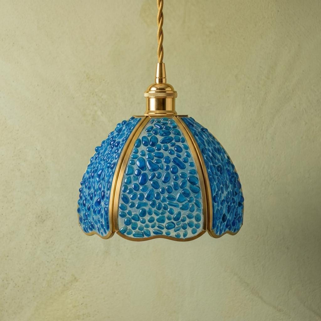 Blue Droplet-Pattern Tiffany-Inspired Pendant Light, Scalloped Bell, Handmade - view 5