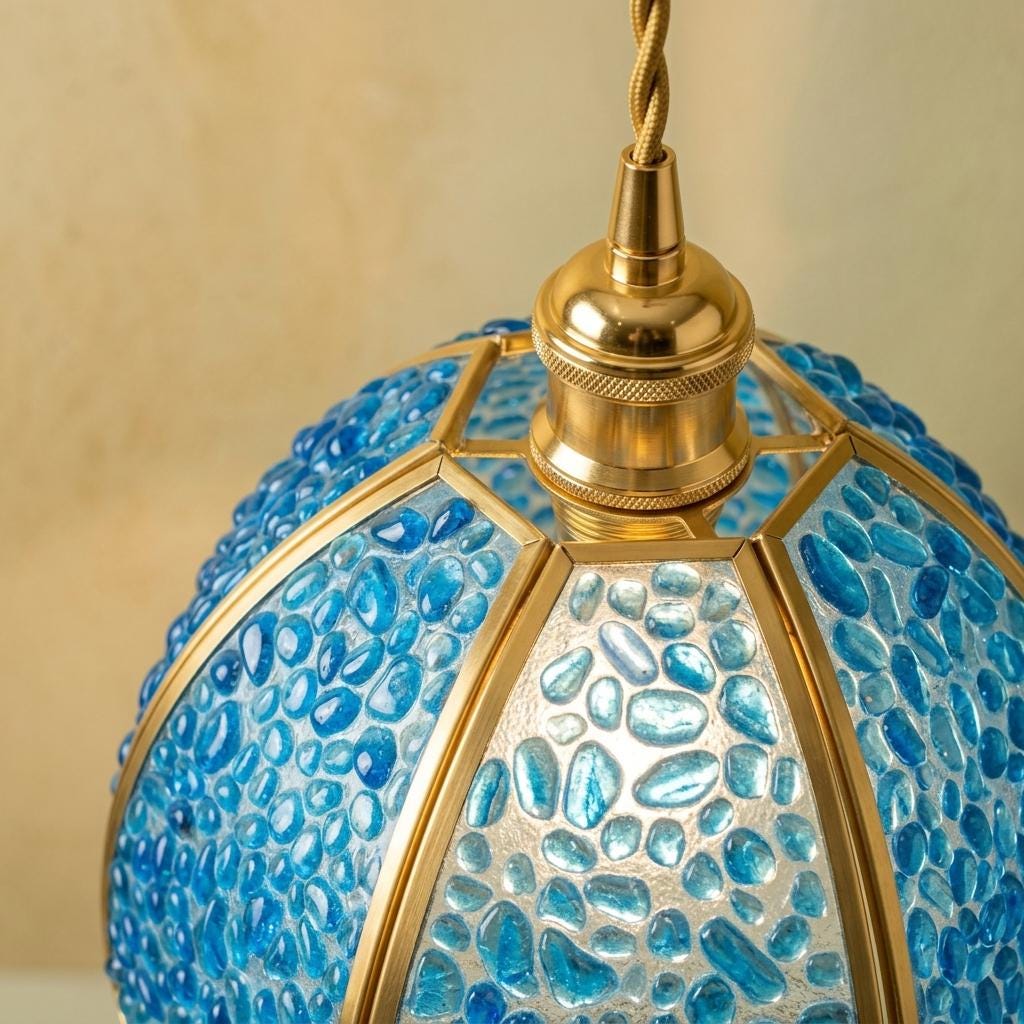 Blue Droplet-Pattern Tiffany-Inspired Pendant Light, Scalloped Bell, Handmade - view 4