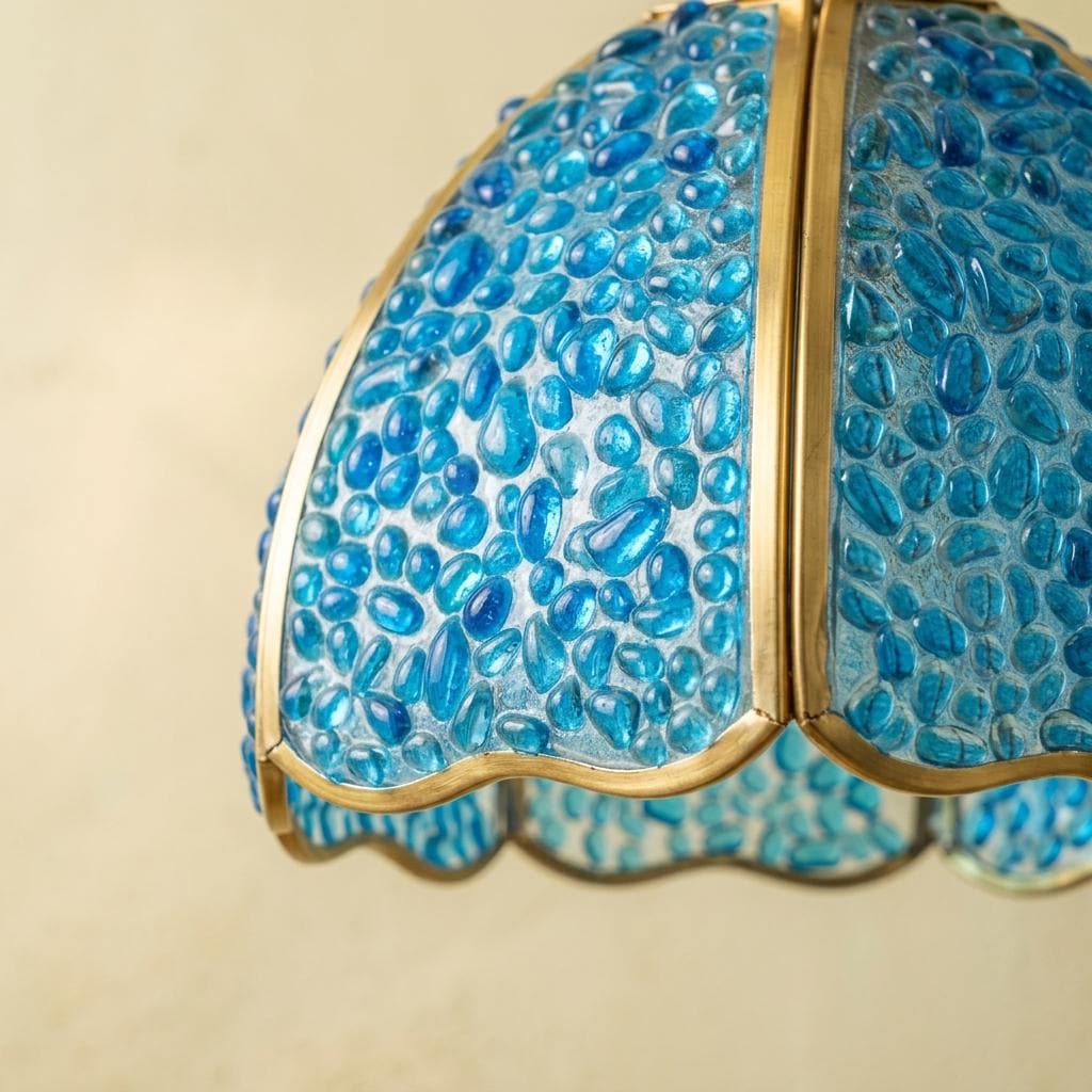 Blue Droplet-Pattern Tiffany-Inspired Pendant Light, Scalloped Bell, Handmade - view 3