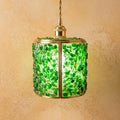 Green Pebble-Pattern Tiffany-Inspired Pendant Light, Cylinder Lantern with Gold-Tone Frame, Handmade by AuroraeGlass