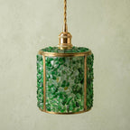 Green Pebble-Pattern Tiffany-Inspired Pendant Light, Cylinder Lantern with Gold-Tone Frame, Handmade - view 5