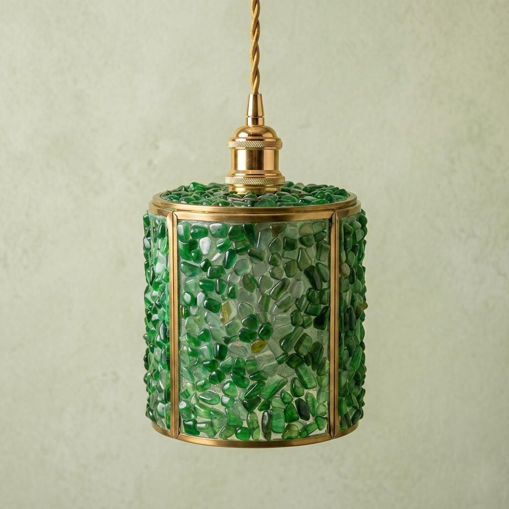 Green Pebble-Pattern Tiffany-Inspired Pendant Light, Cylinder Lantern with Gold-Tone Frame, Handmade - view 5