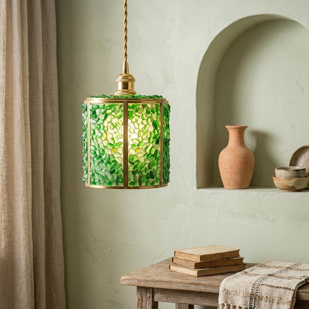 Green Pebble-Pattern Tiffany-Inspired Pendant Light, Cylinder Lantern with Gold-Tone Frame, Handmade - view 6