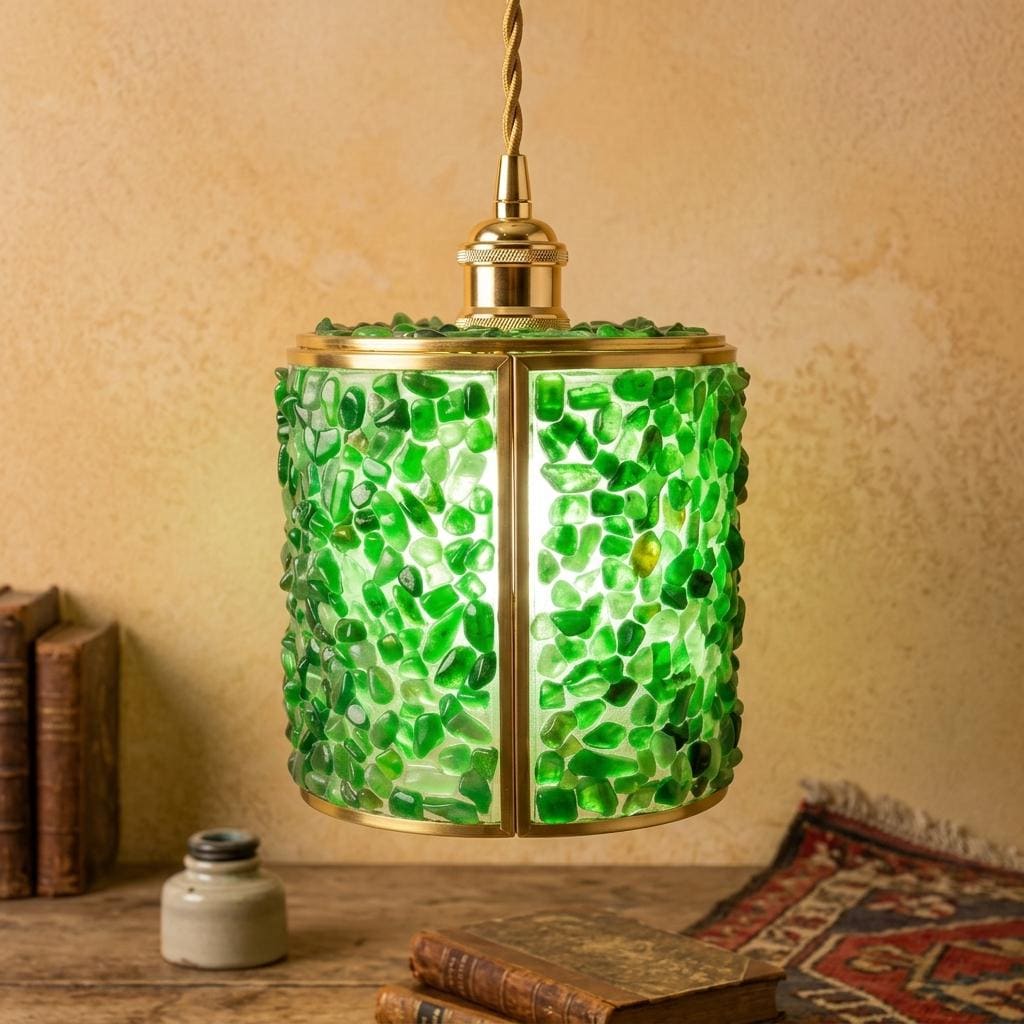 Green Pebble-Pattern Tiffany-Inspired Pendant Light, Cylinder Lantern with Gold-Tone Frame, Handmade - view 10