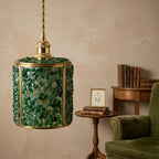 Green Pebble-Pattern Tiffany-Inspired Pendant Light, Cylinder Lantern with Gold-Tone Frame, Handmade - view 9