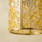 Honey Yellow Pebble-Pattern Tiffany-Inspired Pendant Light, Cylinder Lantern, Handmade - view 3