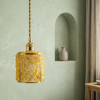 Honey Yellow Pebble-Pattern Tiffany-Inspired Pendant Light, Cylinder Lantern, Handmade - view 6