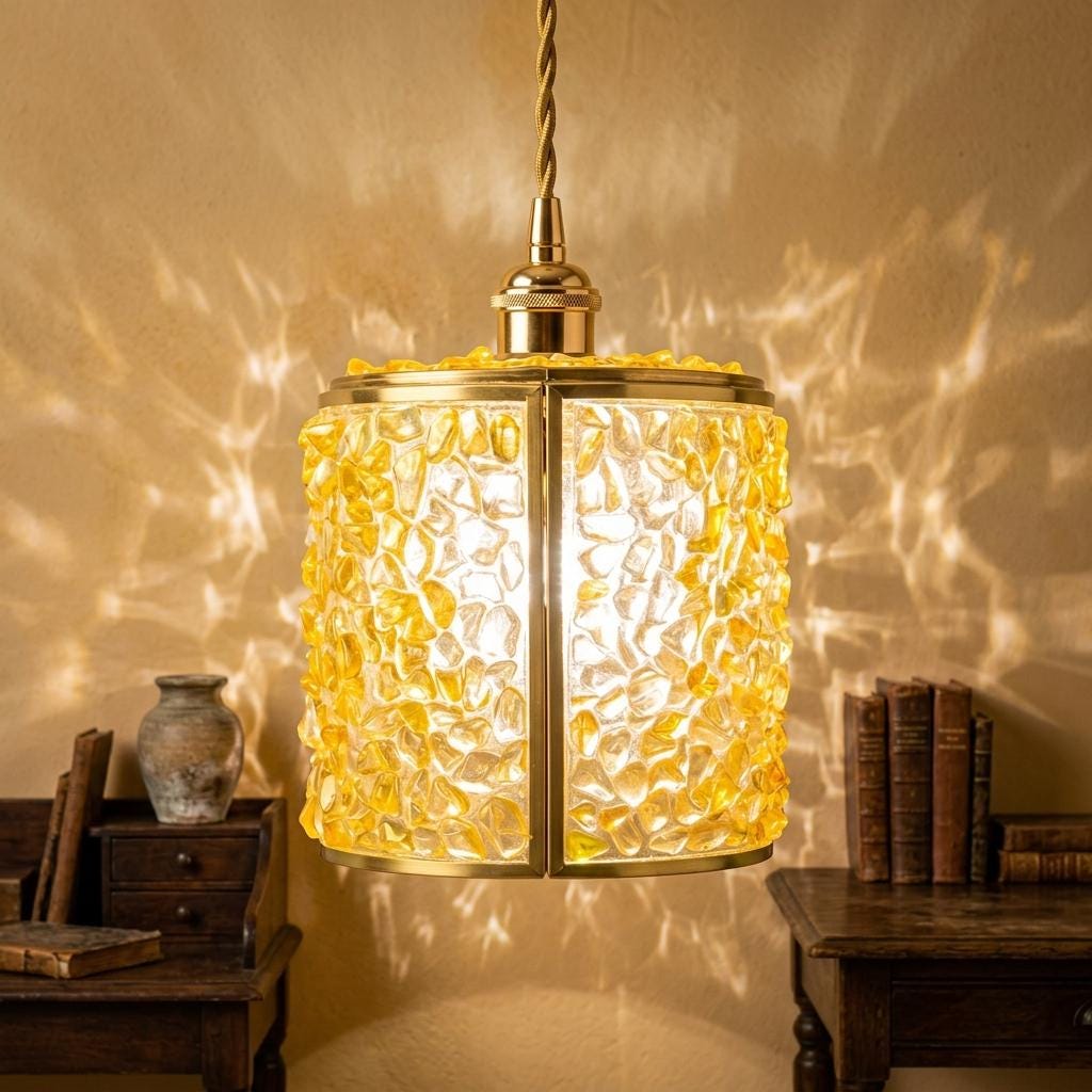 Honey Yellow Pebble-Pattern Tiffany-Inspired Pendant Light, Cylinder Lantern, Handmade - view 9