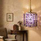 Purple Pebble-Pattern Tiffany-Inspired Pendant Light, Cylinder Lantern with Gold-Tone Frame, Handmade - view 8