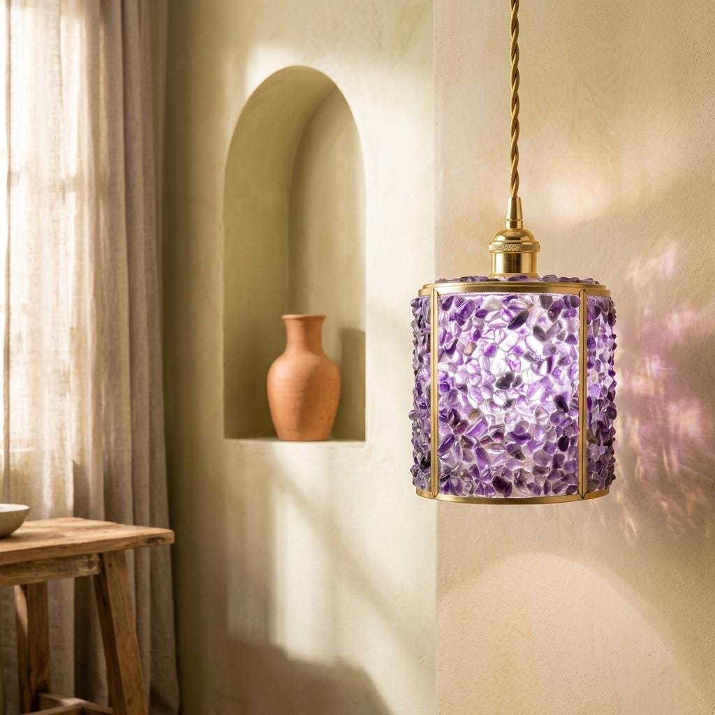 Purple Pebble-Pattern Tiffany-Inspired Pendant Light, Cylinder Lantern with Gold-Tone Frame, Handmade - view 6