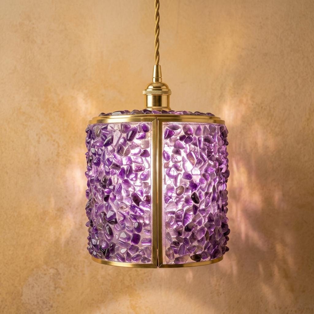 Purple Pebble-Pattern Tiffany-Inspired Pendant Light, Cylinder Lantern with Gold-Tone Frame, Handmade - view 10