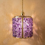 Purple Pebble-Pattern Tiffany-Inspired Pendant Light, Cylinder Lantern with Gold-Tone Frame, Handmade - view 10