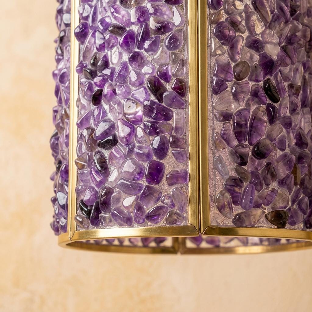 Purple Pebble-Pattern Tiffany-Inspired Pendant Light, Cylinder Lantern with Gold-Tone Frame, Handmade - view 3