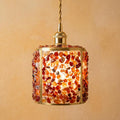 Orange and Red Pebble-Pattern Tiffany-Inspired Pendant Light, Cylinder Lantern, Handmade by AuroraeGlass