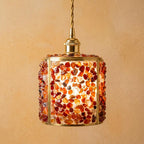 Orange and Red Pebble-Pattern Tiffany-Inspired Pendant Light, Cylinder Lantern, Handmade by AuroraeGlass