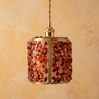 Orange and Red Pebble-Pattern Tiffany-Inspired Pendant Light, Cylinder Lantern, Handmade - view 4
