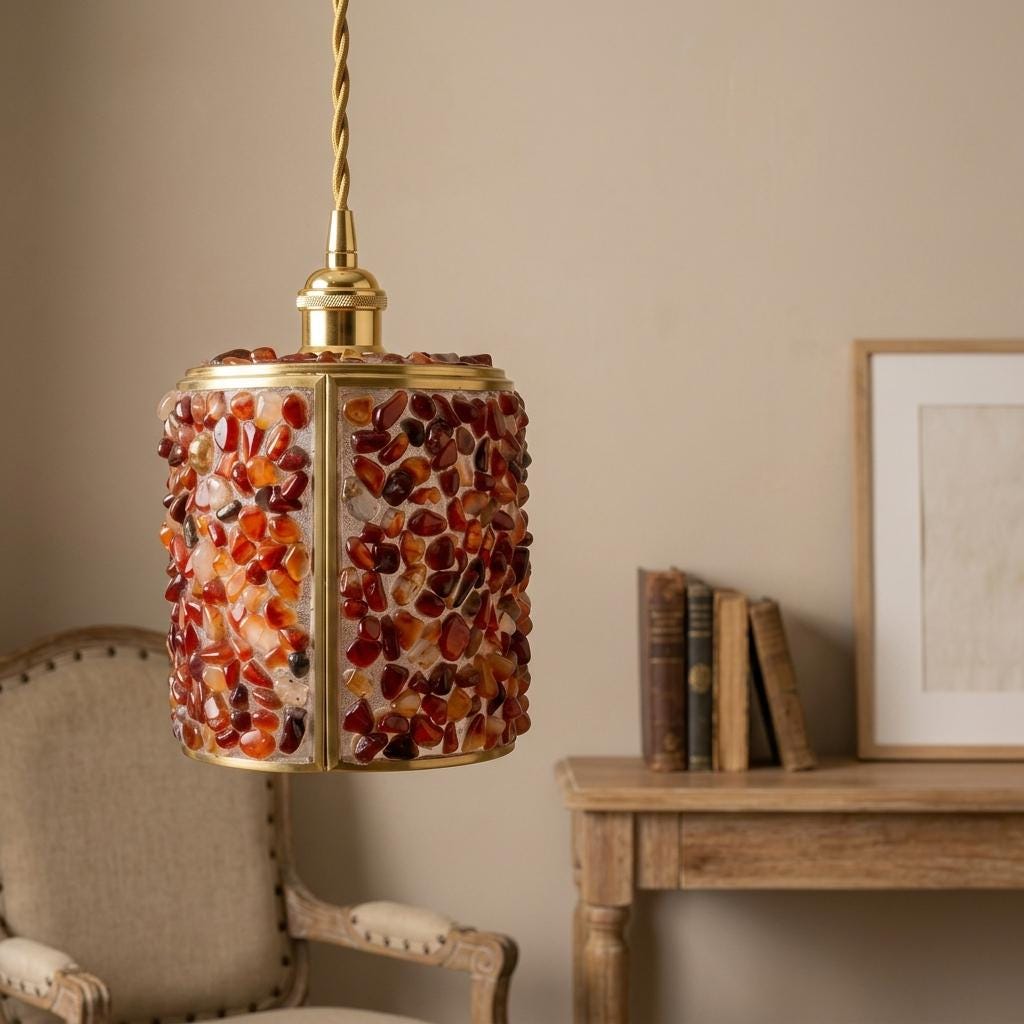 Orange and Red Pebble-Pattern Tiffany-Inspired Pendant Light, Cylinder Lantern, Handmade - view 8