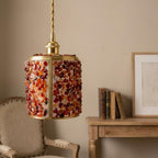 Orange and Red Pebble-Pattern Tiffany-Inspired Pendant Light, Cylinder Lantern, Handmade - view 8