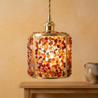 Orange and Red Pebble-Pattern Tiffany-Inspired Pendant Light, Cylinder Lantern, Handmade - view 9
