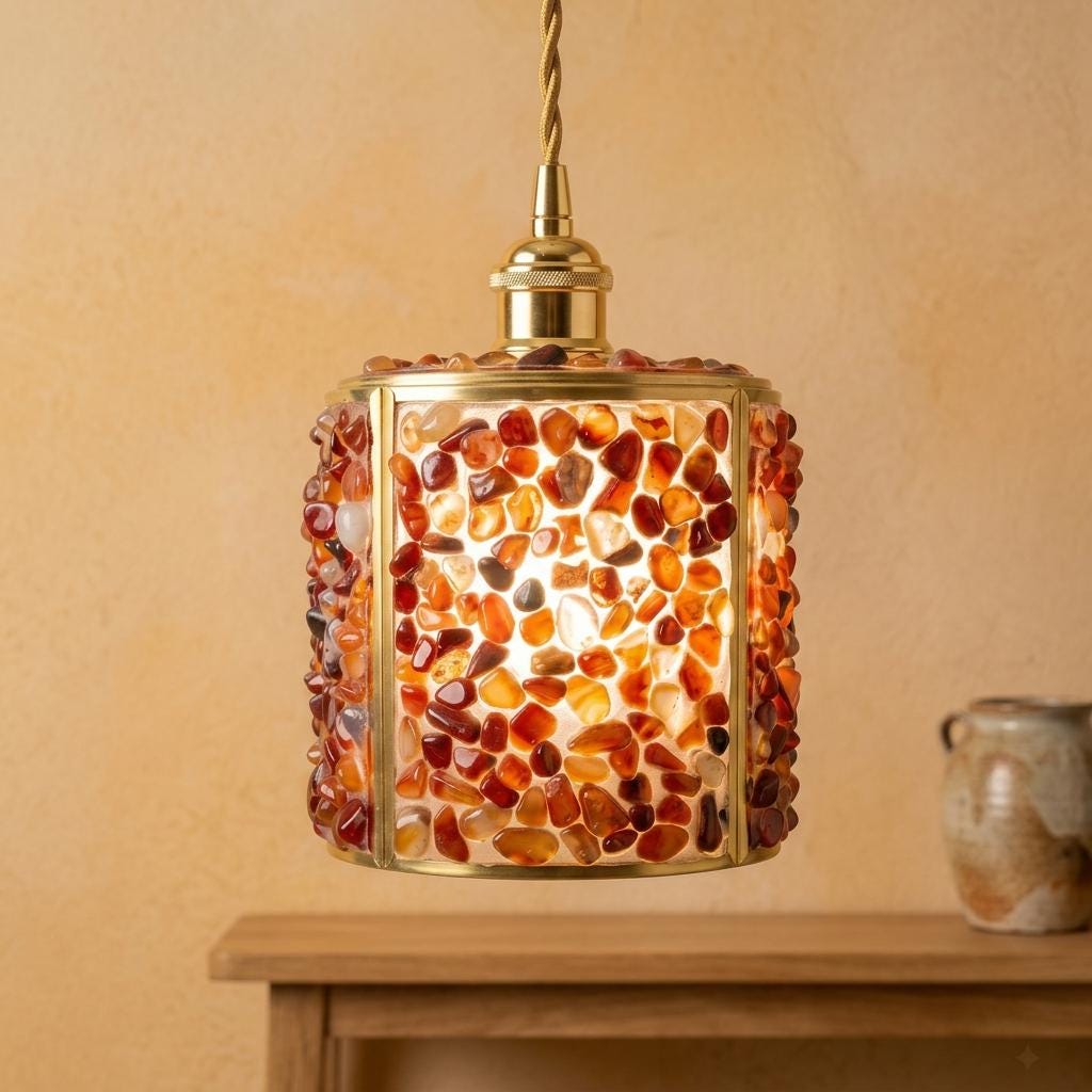 Orange and Red Pebble-Pattern Tiffany-Inspired Pendant Light, Cylinder Lantern, Handmade - view 9