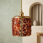 Orange and Red Pebble-Pattern Tiffany-Inspired Pendant Light, Cylinder Lantern, Handmade - view 6
