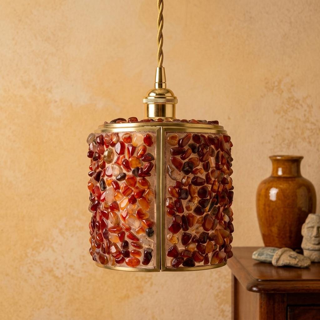 Orange and Red Pebble-Pattern Tiffany-Inspired Pendant Light, Cylinder Lantern, Handmade - view 10
