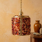 Orange and Red Pebble-Pattern Tiffany-Inspired Pendant Light, Cylinder Lantern, Handmade - view 10