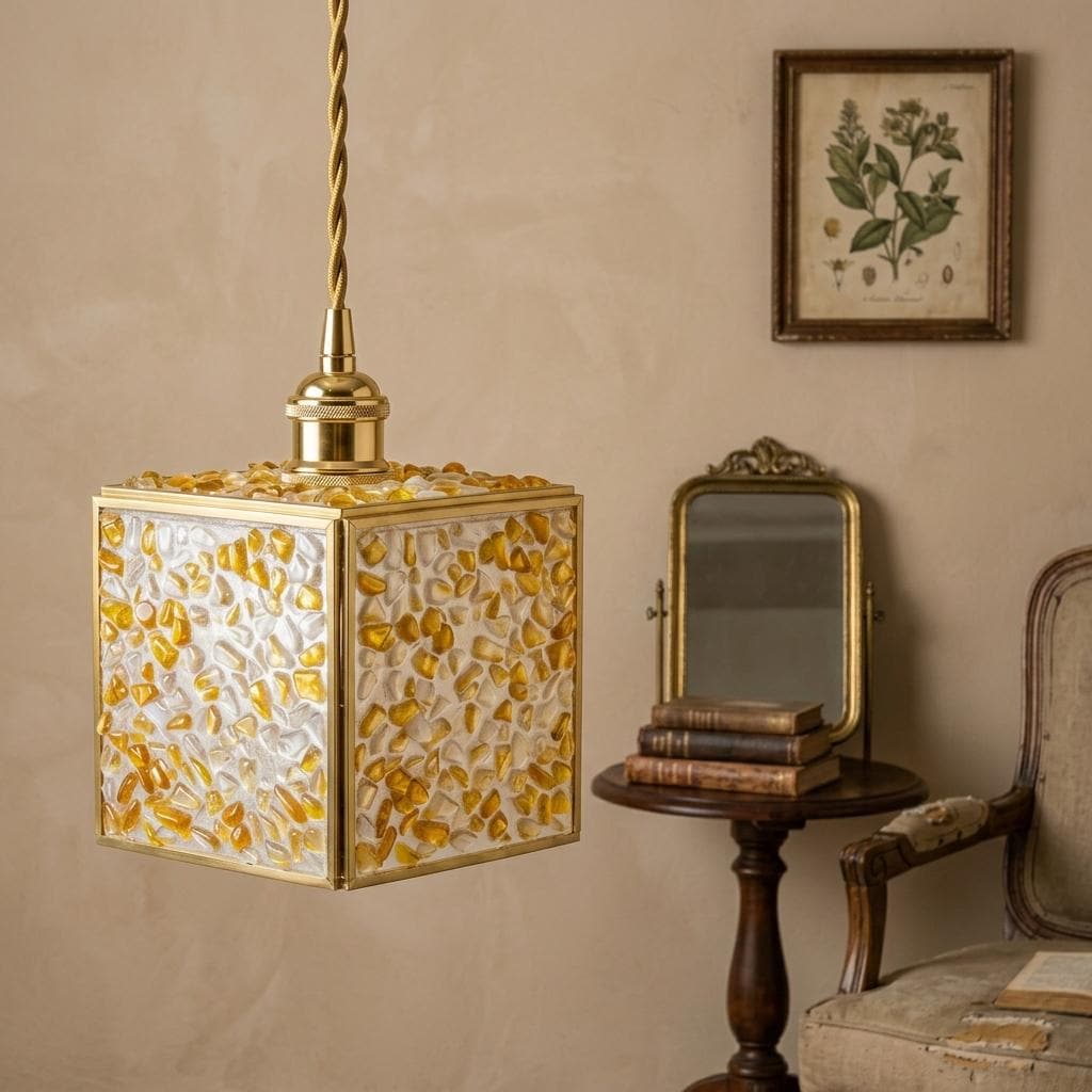 Warm Yellow Pebble-Pattern Tiffany-Inspired Pendant Light, Cube Lantern, Handmade - view 9