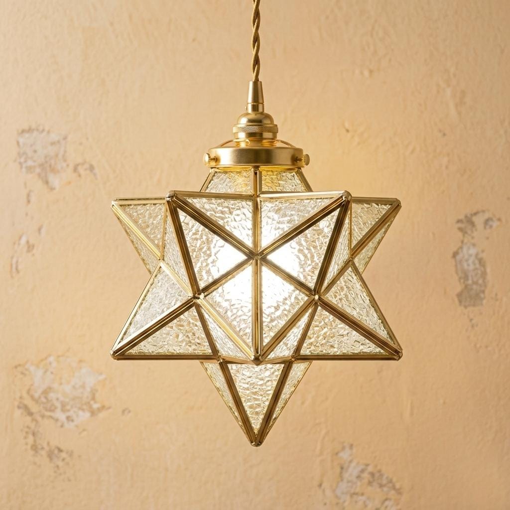 Clear-Look Geometric Star Pendant Light, Textured-Look Panels, Handmade by AuroraeGlass