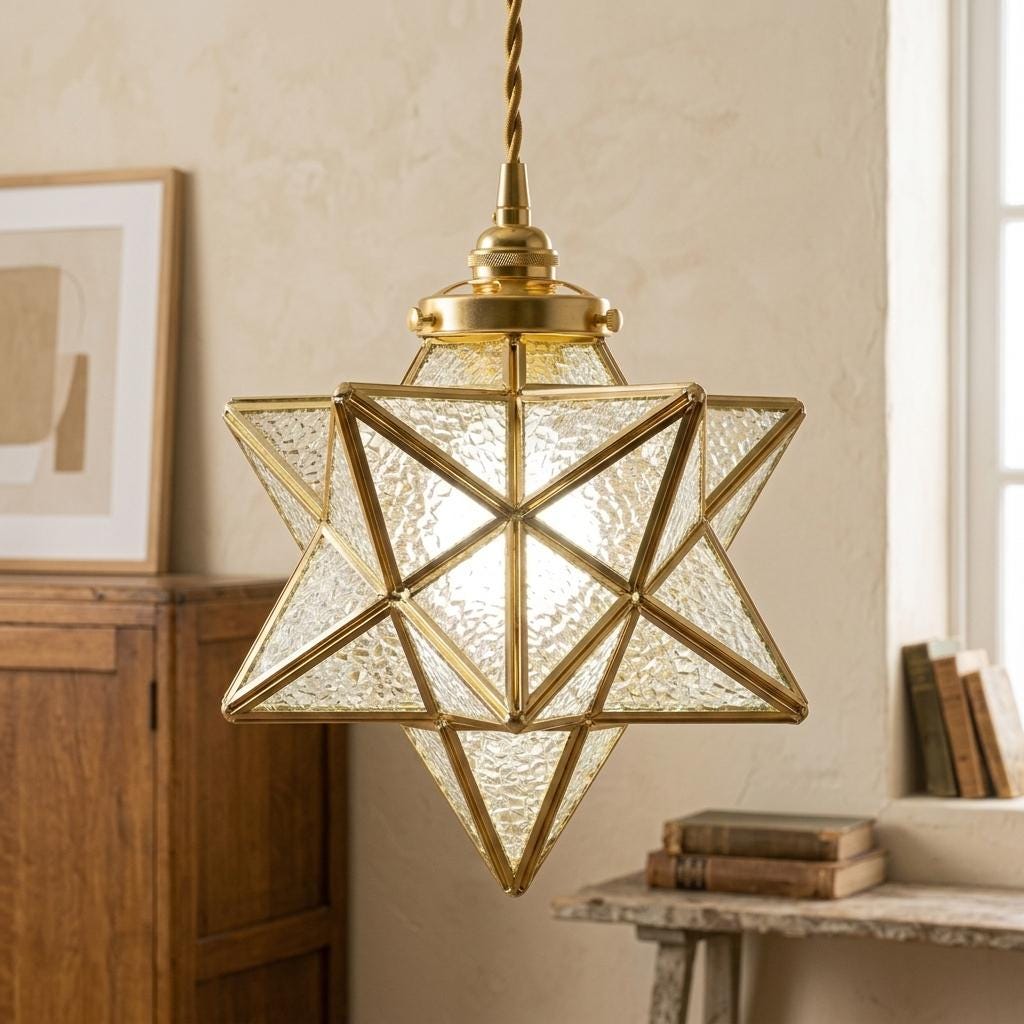 Clear-Look Geometric Star Pendant Light, Textured-Look Panels, Handmade - view 10