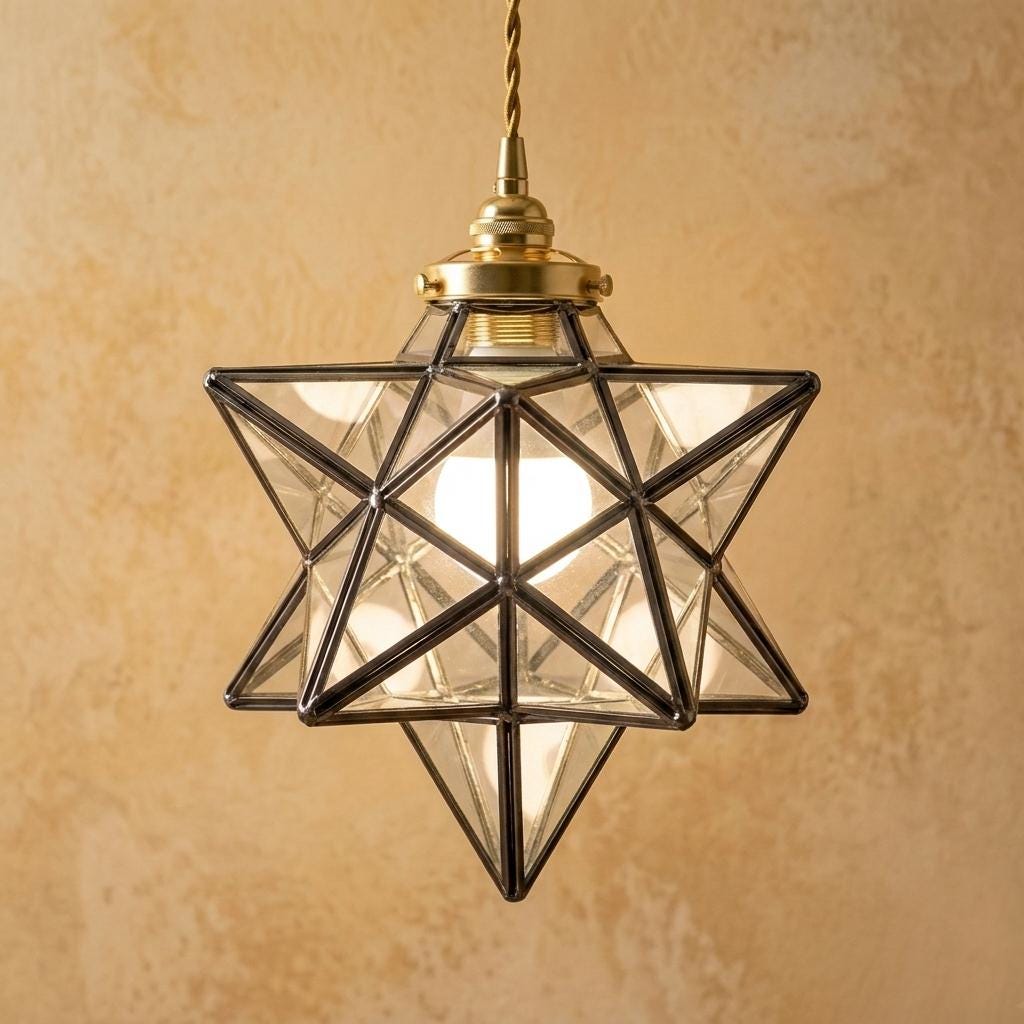 Clear-Look Geometric Star Pendant Light, Gray-Black Frame, Handmade by AuroraeGlass