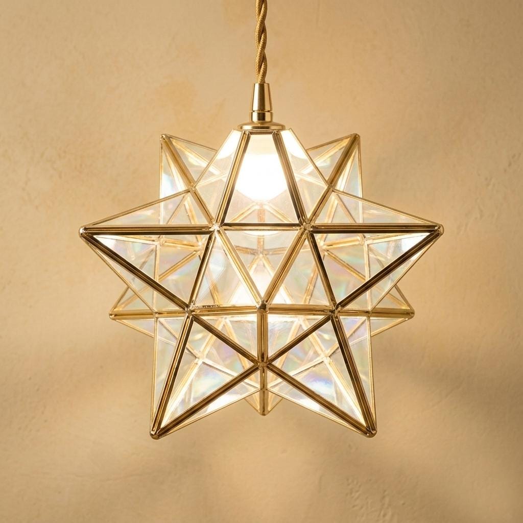 Clear-Look Geometric Star Pendant Light, Gold-Tone Frame, Handmade by AuroraeGlass