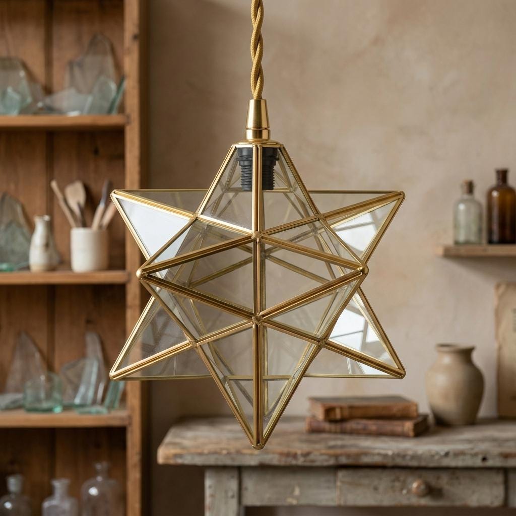 Clear-Look Geometric Star Pendant Light, Gold-Tone Frame, Handmade - view 10