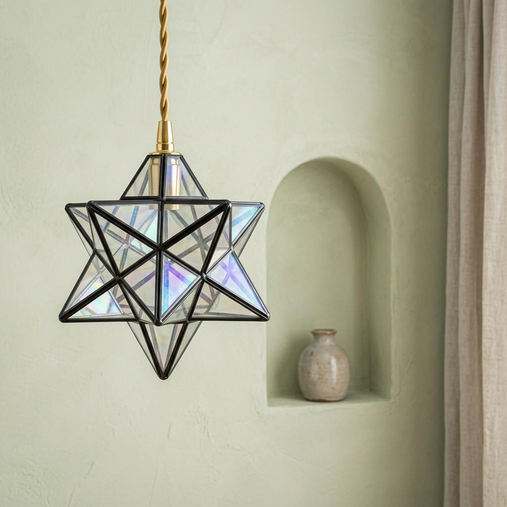 Clear-Look Geometric Star Pendant Light, Dark Frame, Handmade - view 7