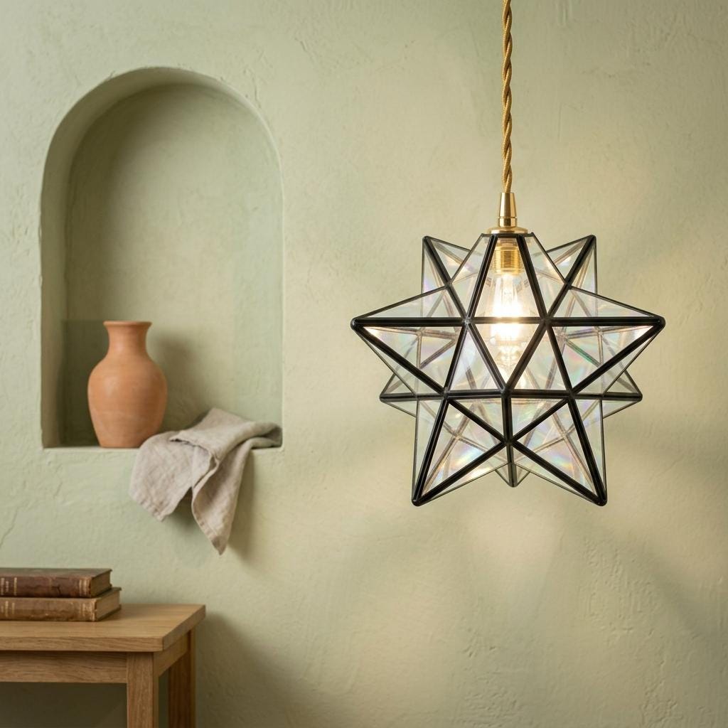 Clear-Look Geometric Star Pendant Light, Dark Frame, Handmade - view 6