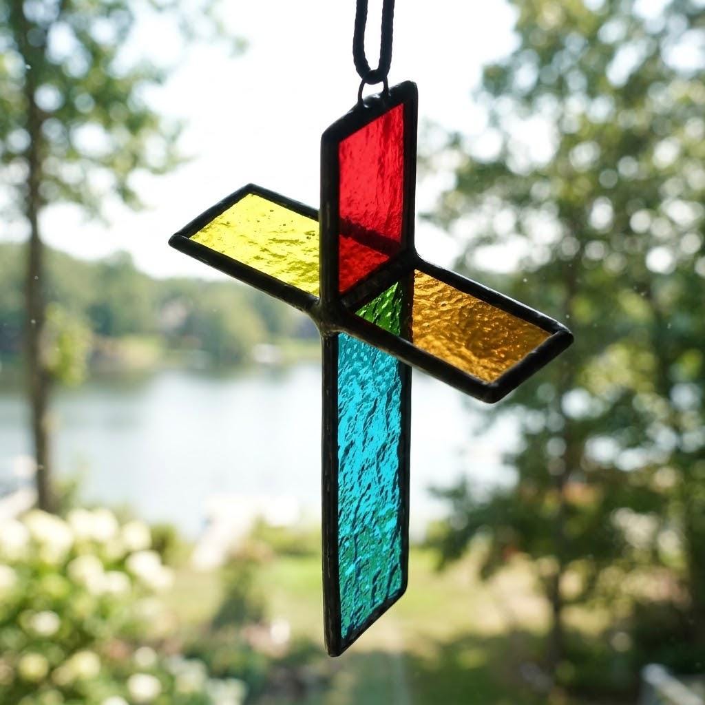 Colorful 3D Stained Glass Cross Suncatcher, Tiffany-inspired Handmade Window Decor by AuroraeGlass — photo 6