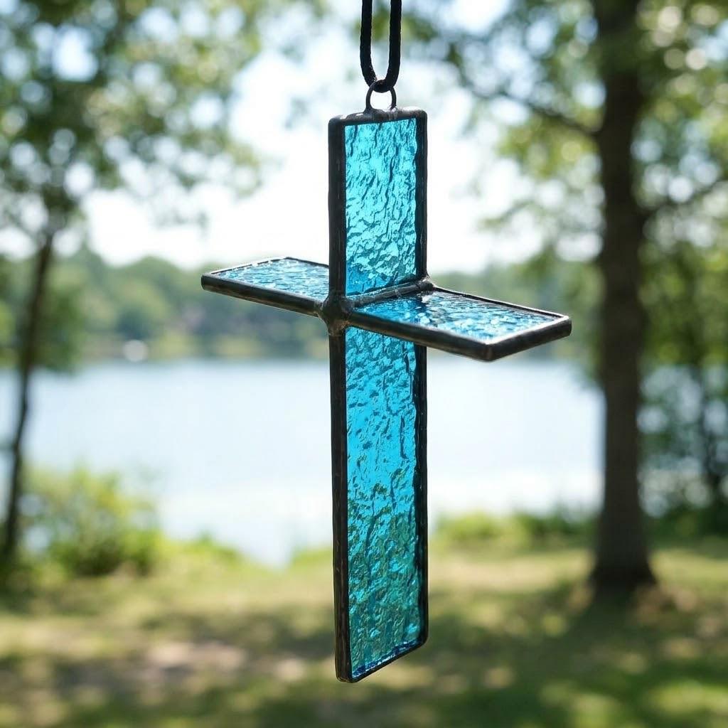 Blue 3D Stained Glass Cross Suncatcher, Tiffany-inspired Handmade Window Decor by AuroraeGlass — photo 7