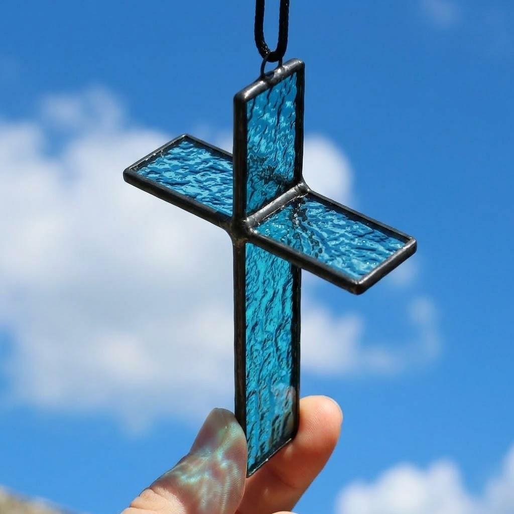 Blue 3D Stained Glass Cross Suncatcher, Tiffany-inspired Handmade Window Decor by AuroraeGlass — photo 1