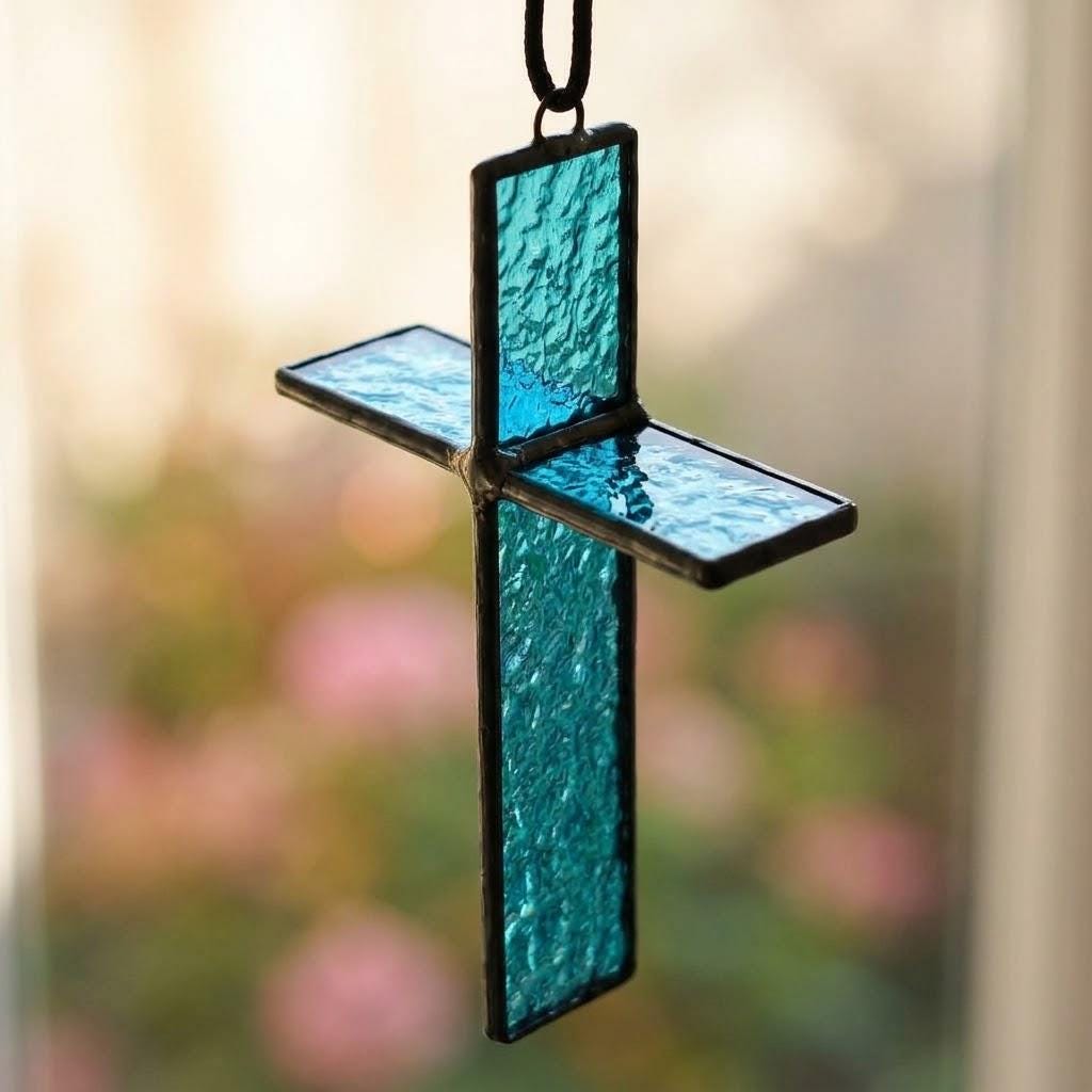 Blue 3D Stained Glass Cross Suncatcher, Tiffany-inspired Handmade Window Decor by AuroraeGlass — photo 2