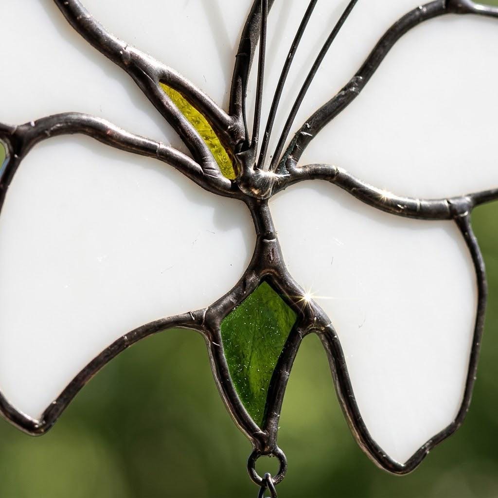 White Lily Stained Glass Suncatcher with Crystal Prism, Handmade Floral Window Decor by AuroraeGlass — photo 3