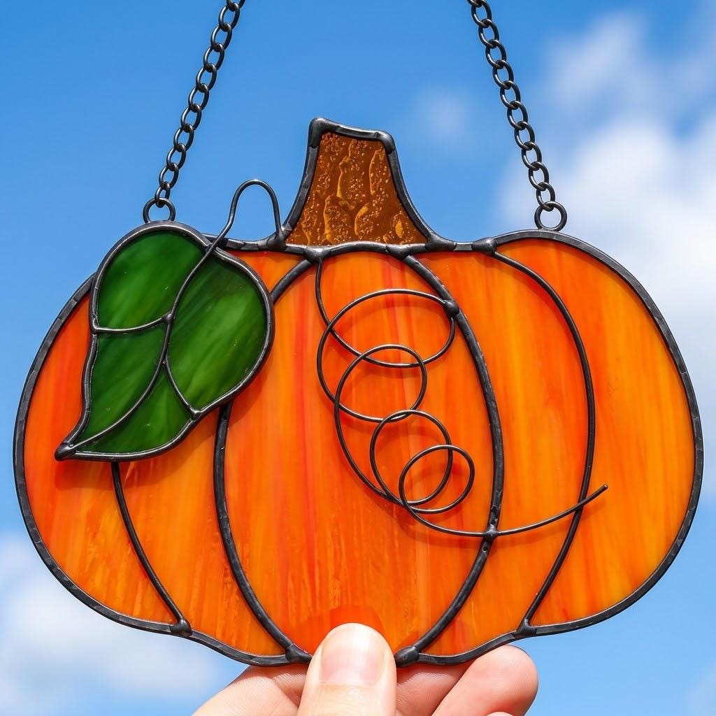 Orange Pumpkin Stained Glass Suncatcher, Tiffany-inspired Handmade Fall Window Decor by AuroraeGlass — photo 1