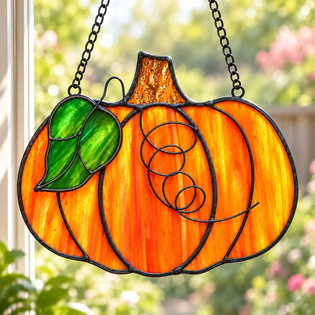 Orange Pumpkin Stained Glass Suncatcher, Tiffany-inspired Handmade Fall Window Decor by AuroraeGlass — photo 6