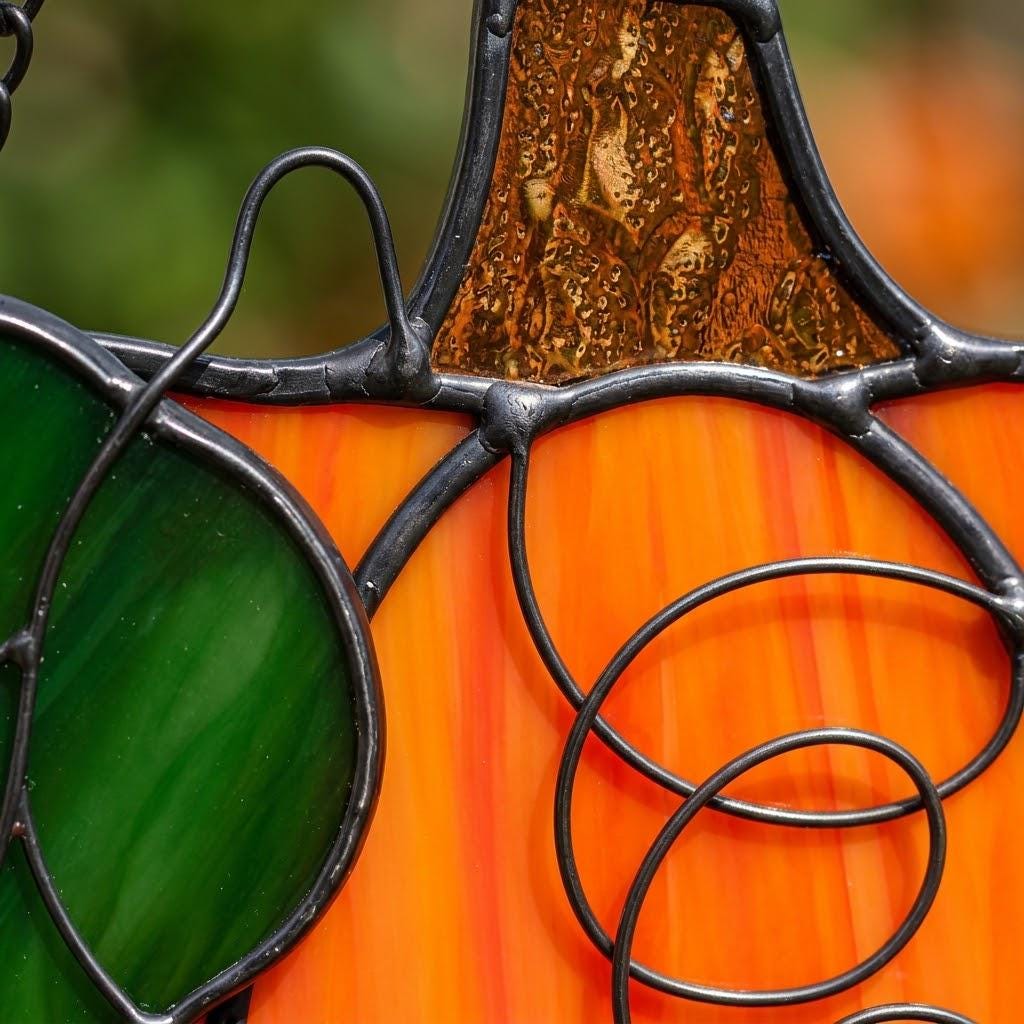 Orange Pumpkin Stained Glass Suncatcher, Tiffany-inspired Handmade Fall Window Decor by AuroraeGlass — photo 2